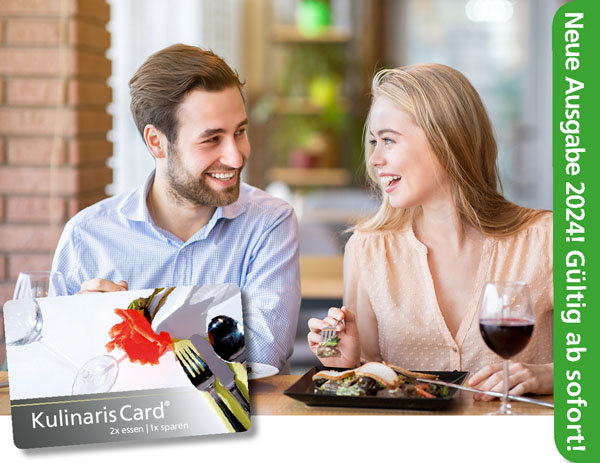 Kulinaris Card 2024 Gutscheinbuch in einem handlichen Scheckkartenformat im Ruhrgebiet, Münster und Umgebung mit 2 für 1 Gutscheinen Restaurant-Cafe-Bar-Frühstück