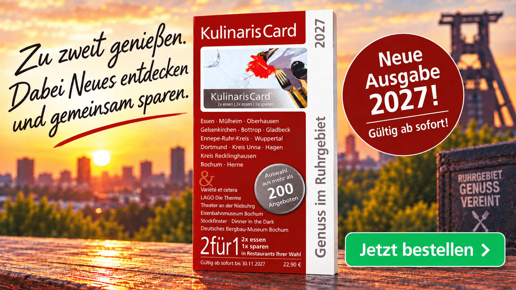 Kulinaris Card 2027 Gutscheinbuch in einem handlichen Scheckkartenformat im Ruhrgebiet, Münster und Umgebung mit 2 für 1 Gutscheinen Restaurant-Cafe-Bar-Frühstück