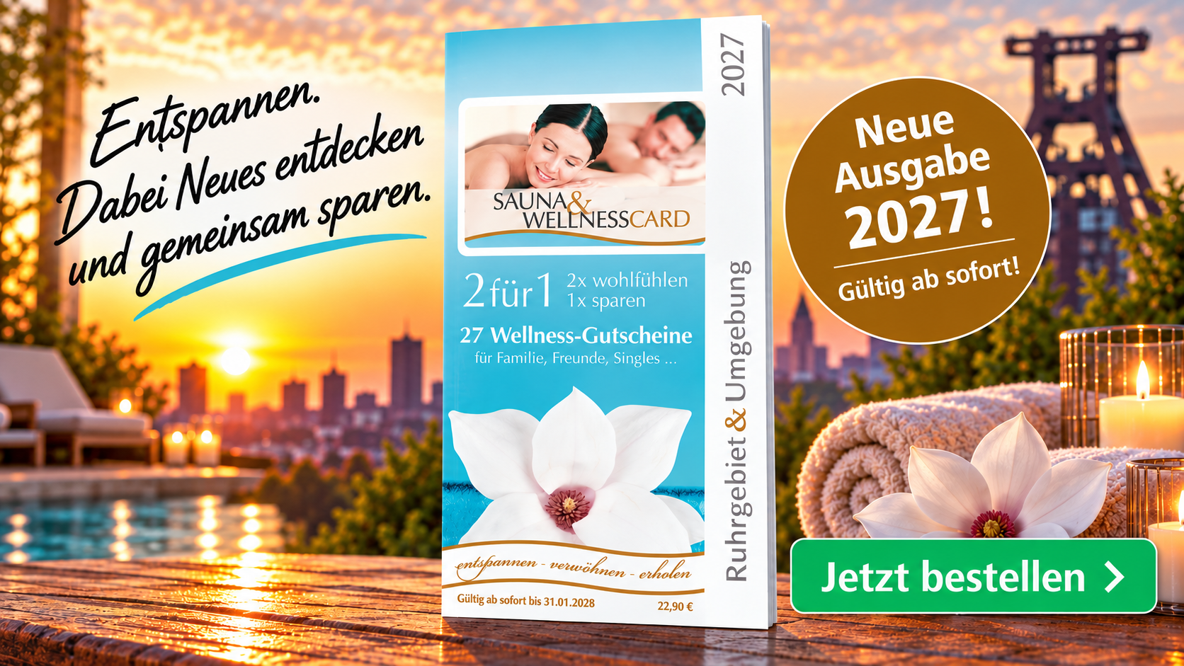 Sauna Wellness Card ein Gutscheinbuch in einem handlichen Scheckkartenformat im Ruhrgebiet 2 für 1 oder Single Gutscheinen für Sauna Wellness Massagen Salzgrotten